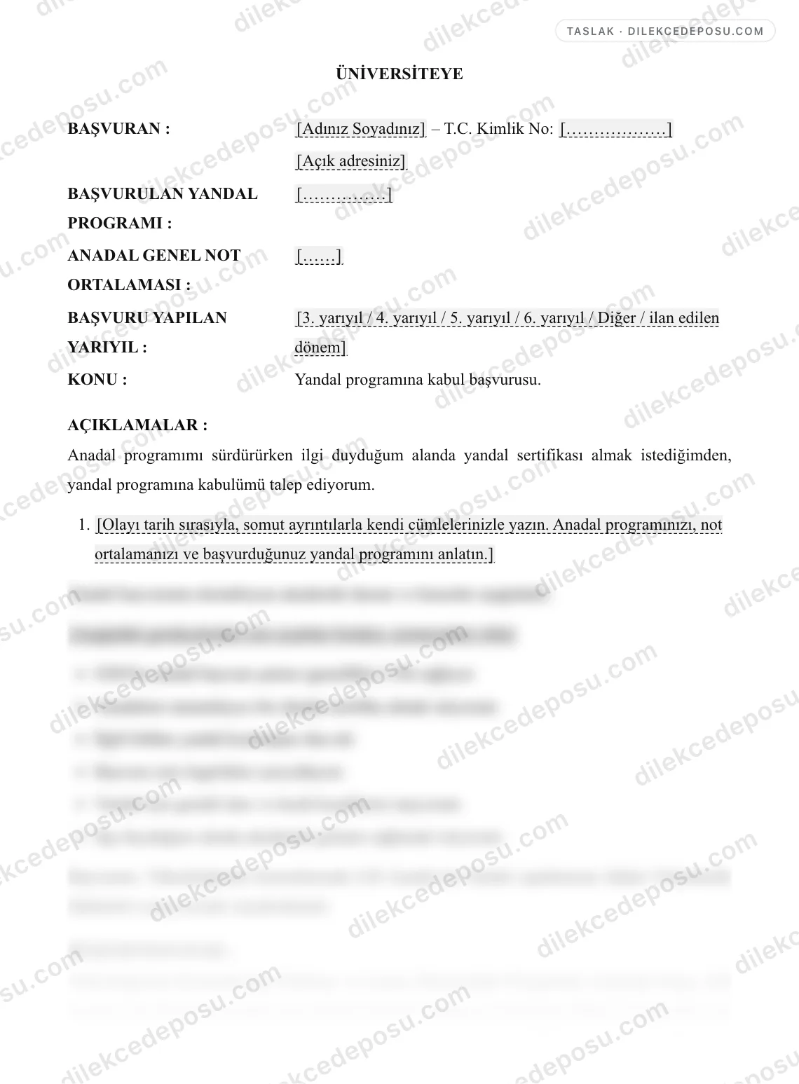 Yandal Başvuru Dilekçesi Örneği – taslağın ilk bölümünün önizlemesi