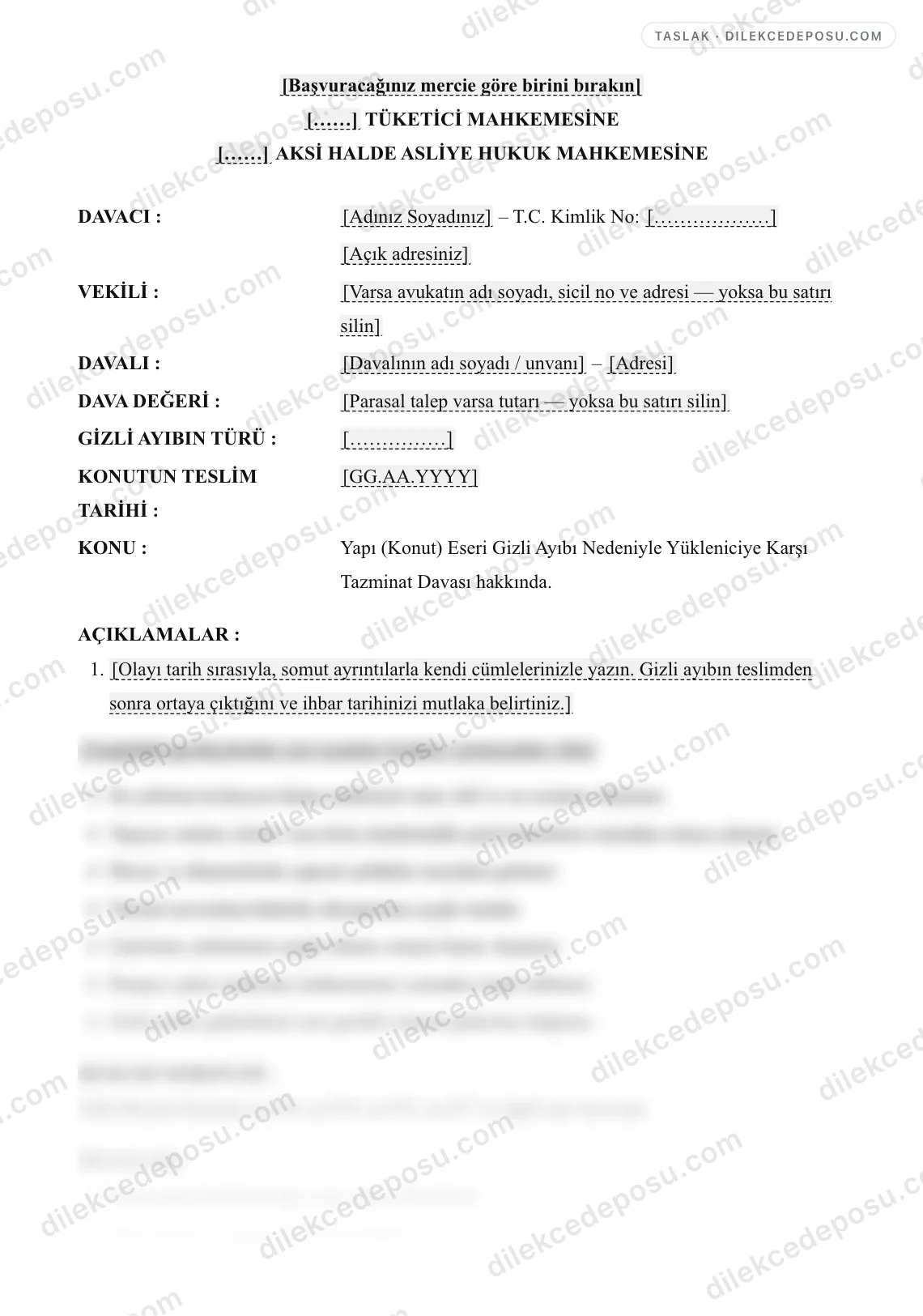Yapı (Konut) Eseri Gizli Ayıbı Nedeniyle Yükleniciye Karşı Tazminat Davası (TBK m.478) Örneği – taslağın ilk bölümünün önizlemesi