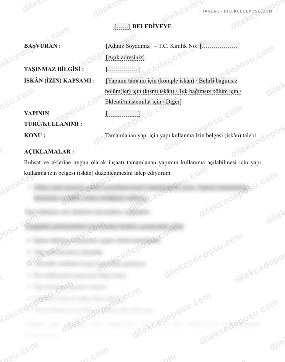 Yapı Kullanma İzin Belgesi (İskan) Başvurusu Örneği – taslağın ilk bölümünün önizlemesi