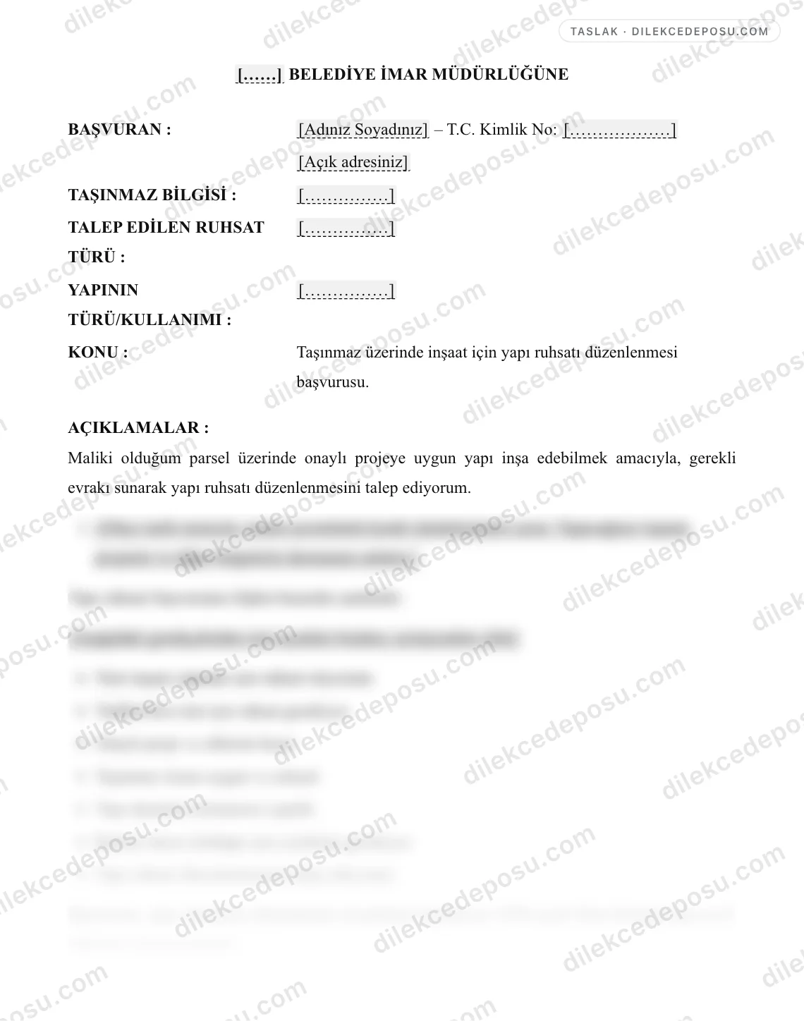 Yapı Ruhsatı Başvuru Dilekçesi Örneği – taslağın ilk bölümünün önizlemesi