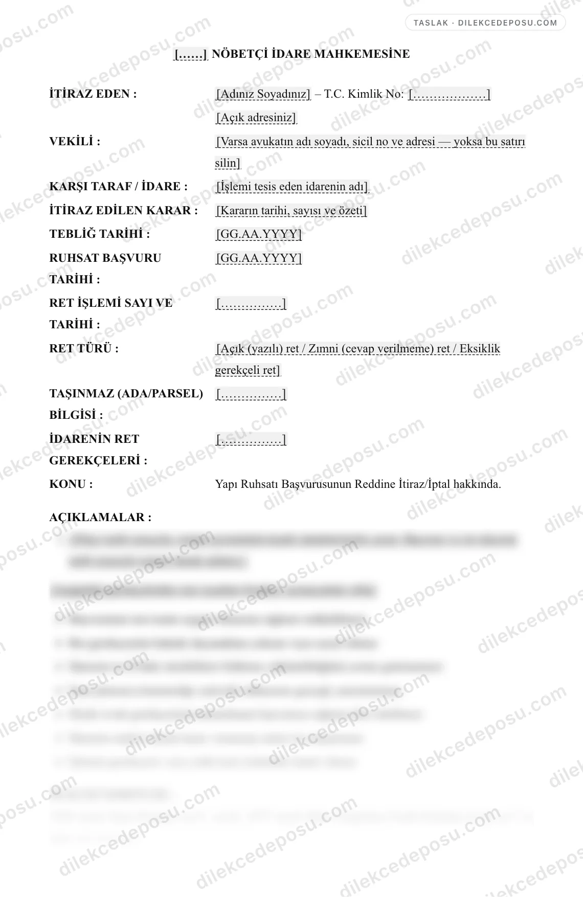 Yapı Ruhsatı Başvurusunun Reddine İtiraz/İptal Dilekçesi Örneği – taslağın ilk bölümünün önizlemesi