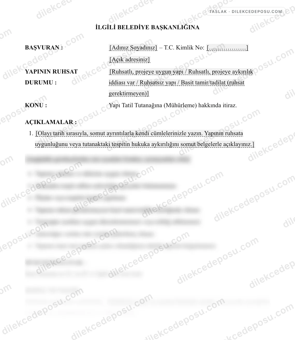 Yapı Tatil Tutanağına (Mühürleme) İtiraz Dilekçesi Örneği – taslağın ilk bölümünün önizlemesi