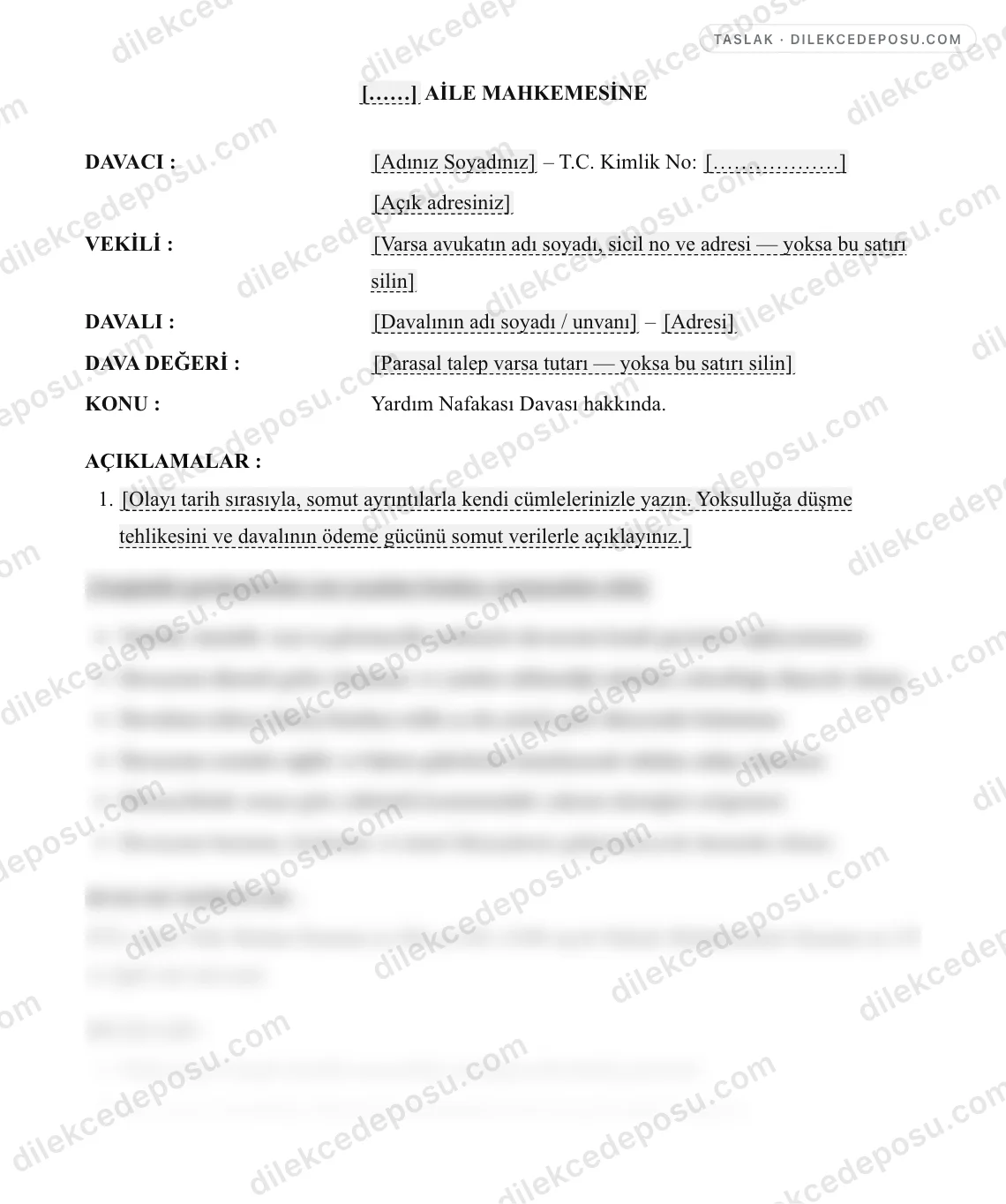 Yardım Nafakası Davası Örneği – taslağın ilk bölümünün önizlemesi