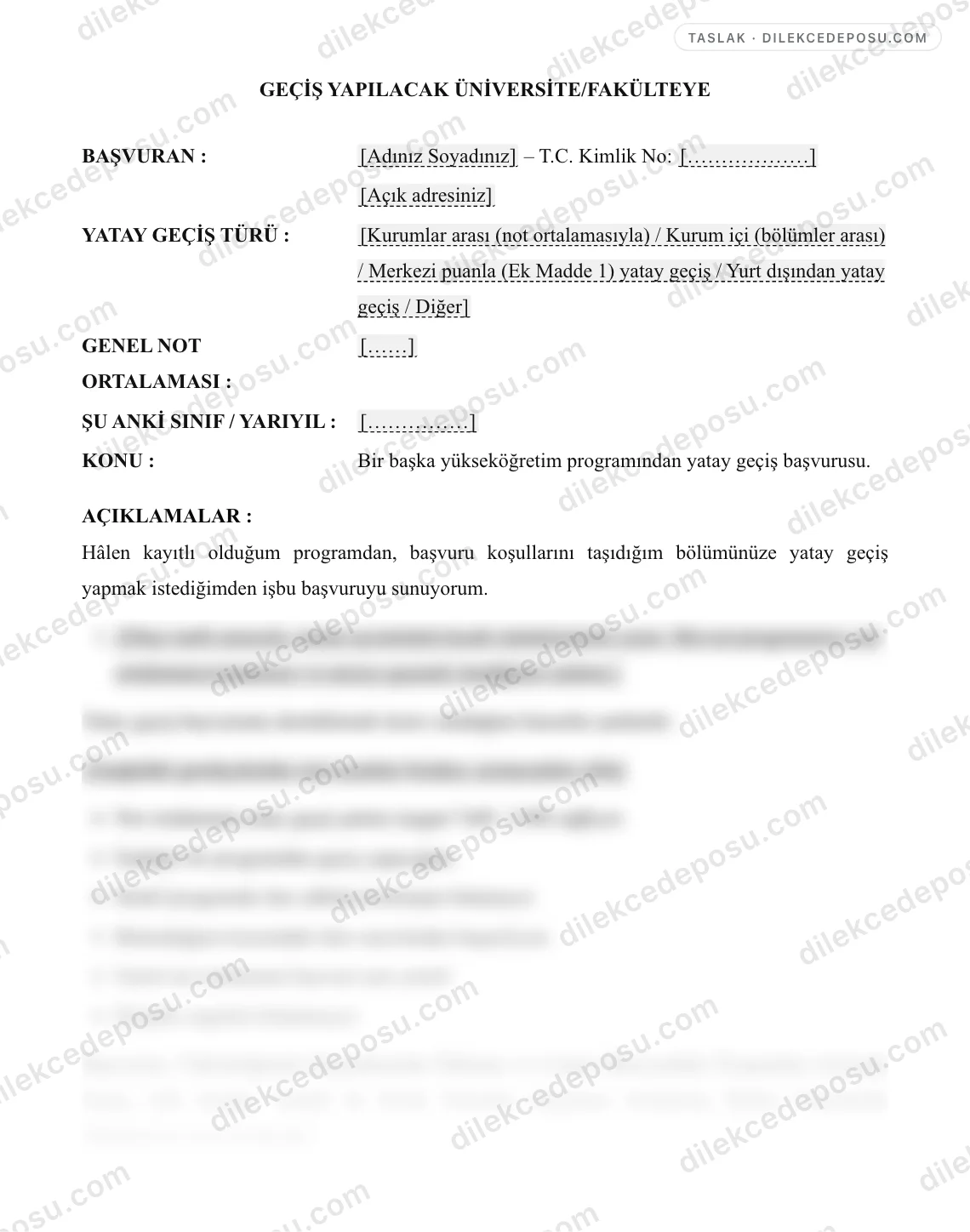 Yatay Geçiş Başvuru Dilekçesi Örneği – taslağın ilk bölümünün önizlemesi