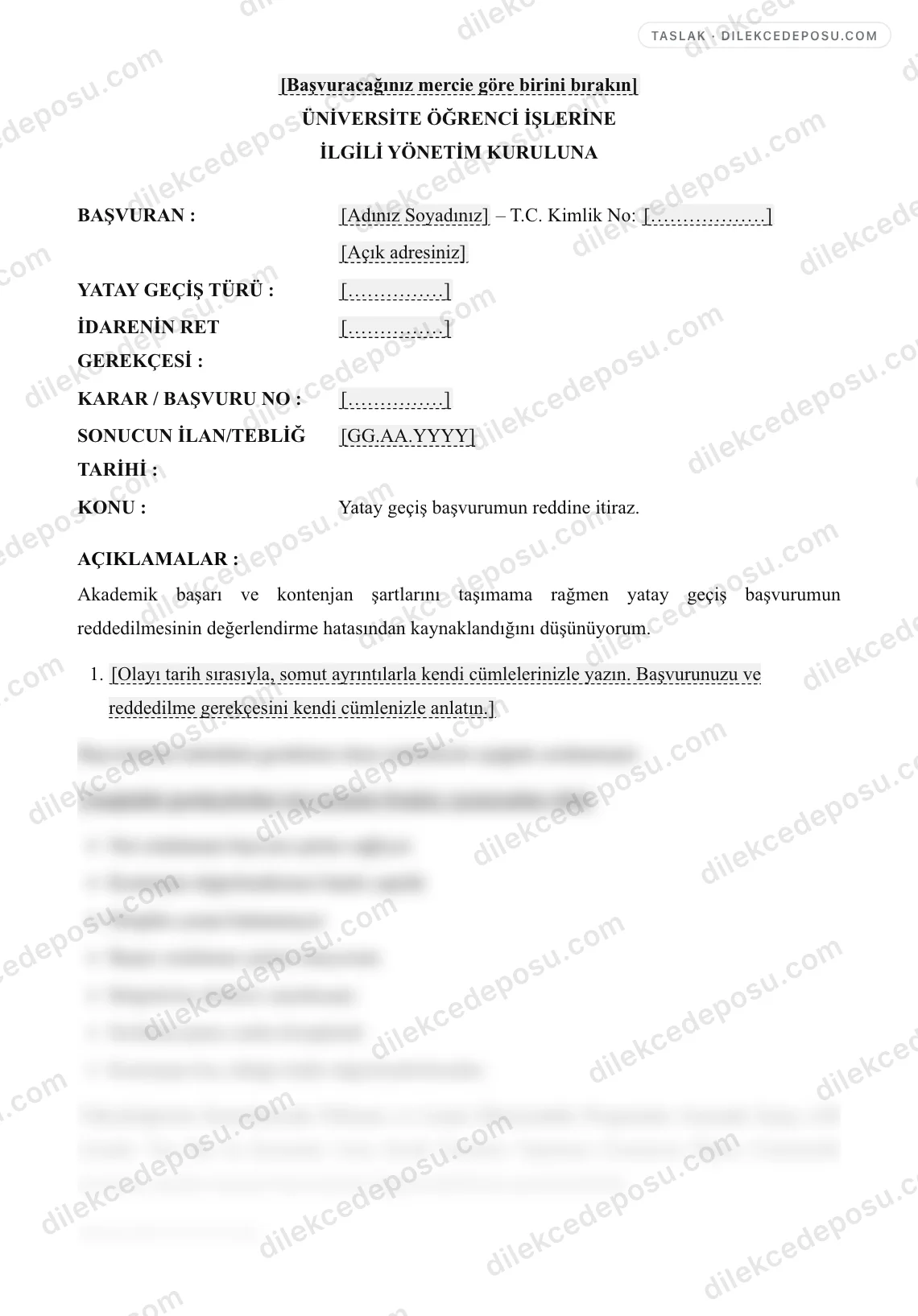 Yatay Geçiş Reddine İtiraz Dilekçesi Örneği – taslağın ilk bölümünün önizlemesi