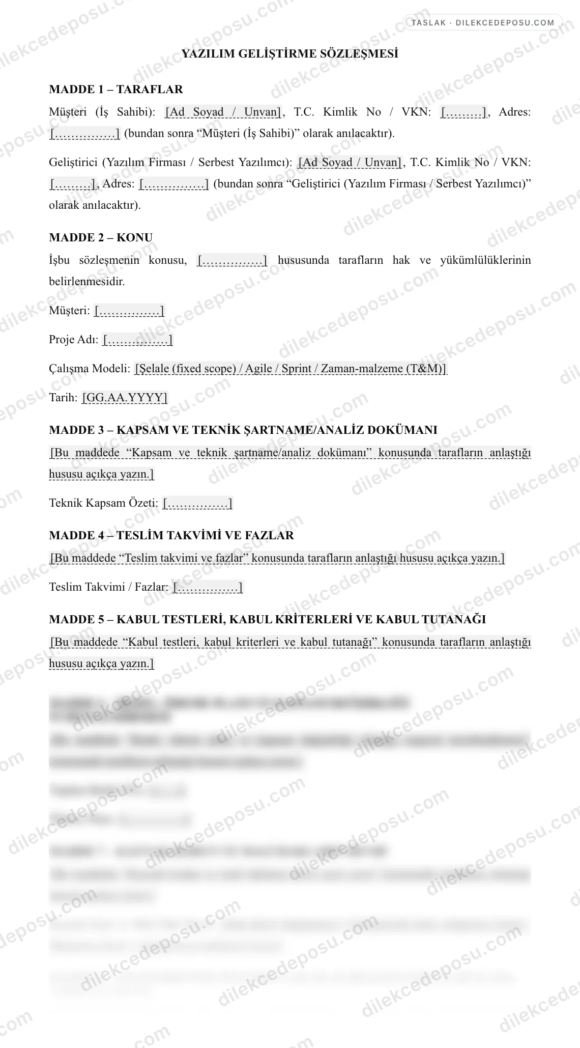 Yazılım Geliştirme Sözleşmesi Örneği – taslağın ilk bölümünün önizlemesi