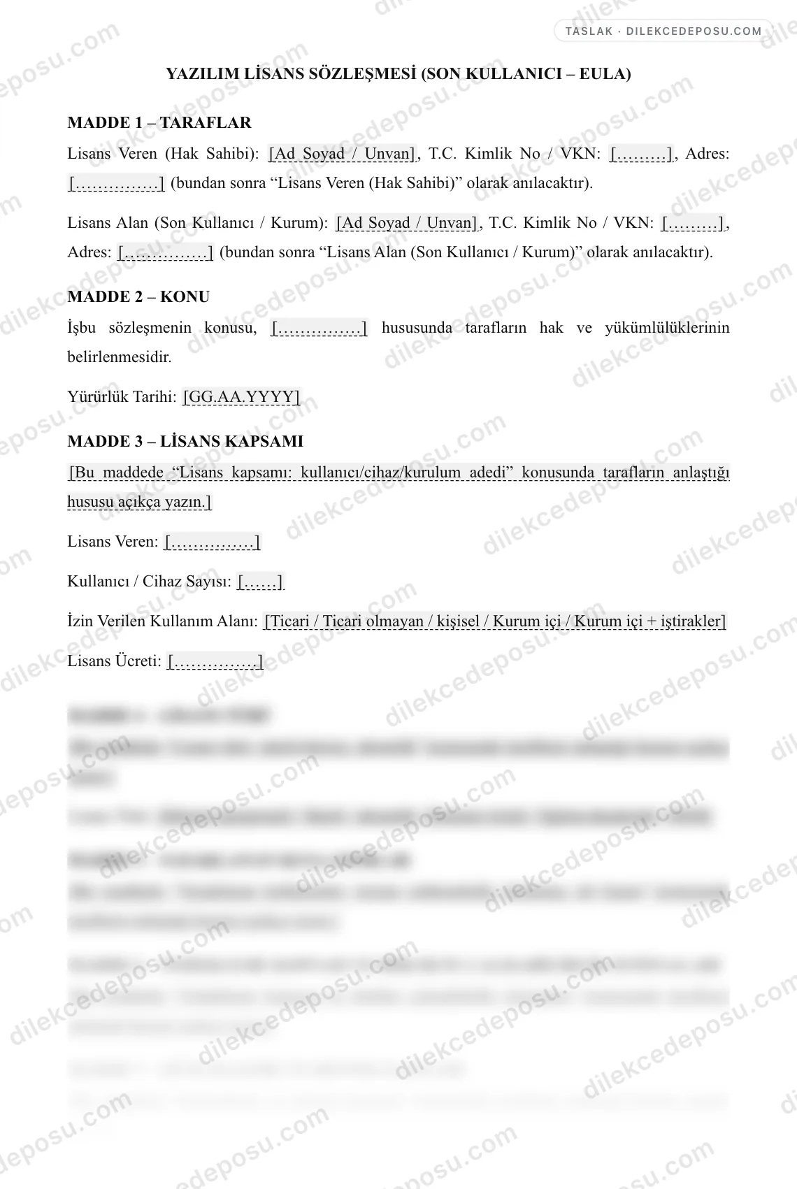 Yazılım Lisans Sözleşmesi (Son Kullanıcı – EULA) Örneği – taslağın ilk bölümünün önizlemesi