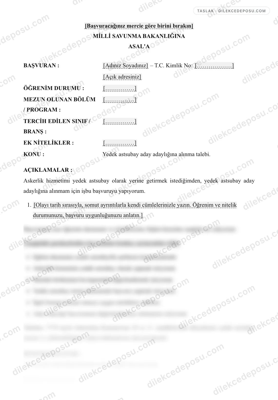 Yedek Astsubay Aday Adaylığı Başvuru Dilekçesi Örneği – taslağın ilk bölümünün önizlemesi