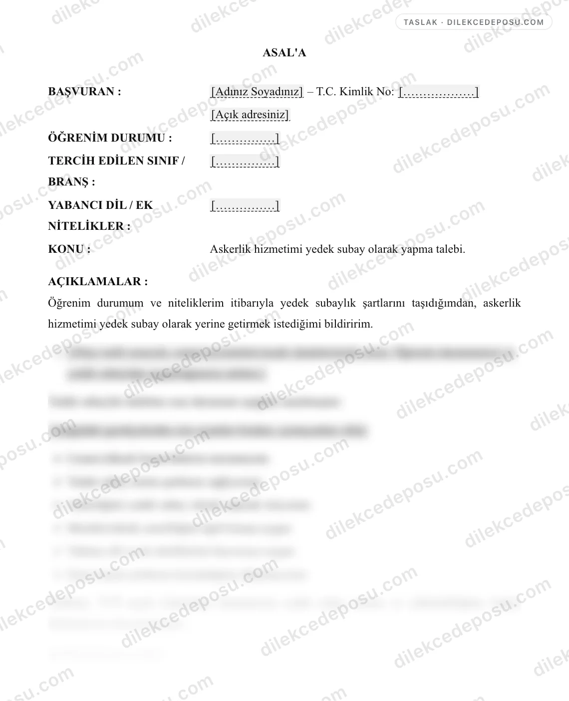 Yedek Subaylık Talep Dilekçesi Örneği – taslağın ilk bölümünün önizlemesi