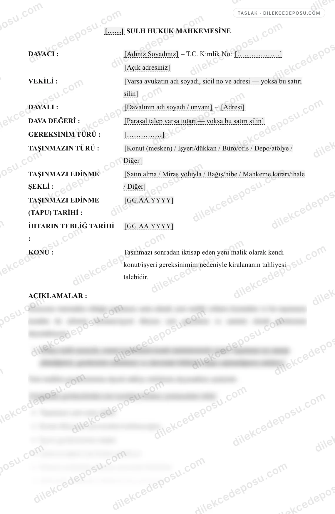 Yeni Malikin Gereksinimi Nedeniyle Tahliye Davası Örneği – taslağın ilk bölümünün önizlemesi