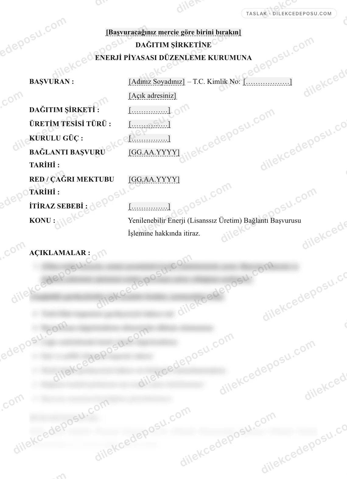 Yenilenebilir Enerji (Lisanssız Üretim) Bağlantı Başvurusu İşlemine İtiraz Örneği – taslağın ilk bölümünün önizlemesi