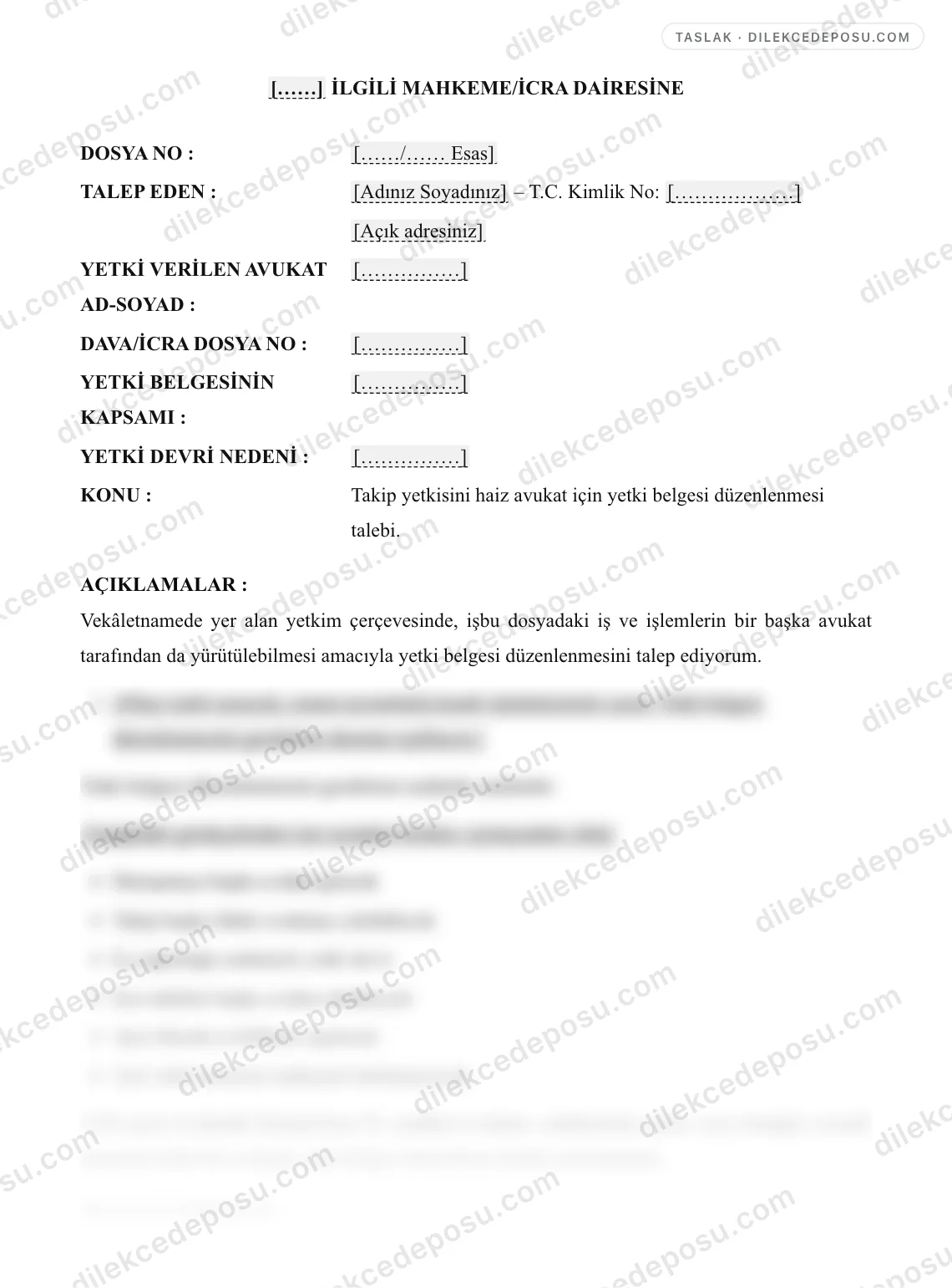 Yetki Belgesi Düzenlenmesi (Avukat) Örneği – taslağın ilk bölümünün önizlemesi