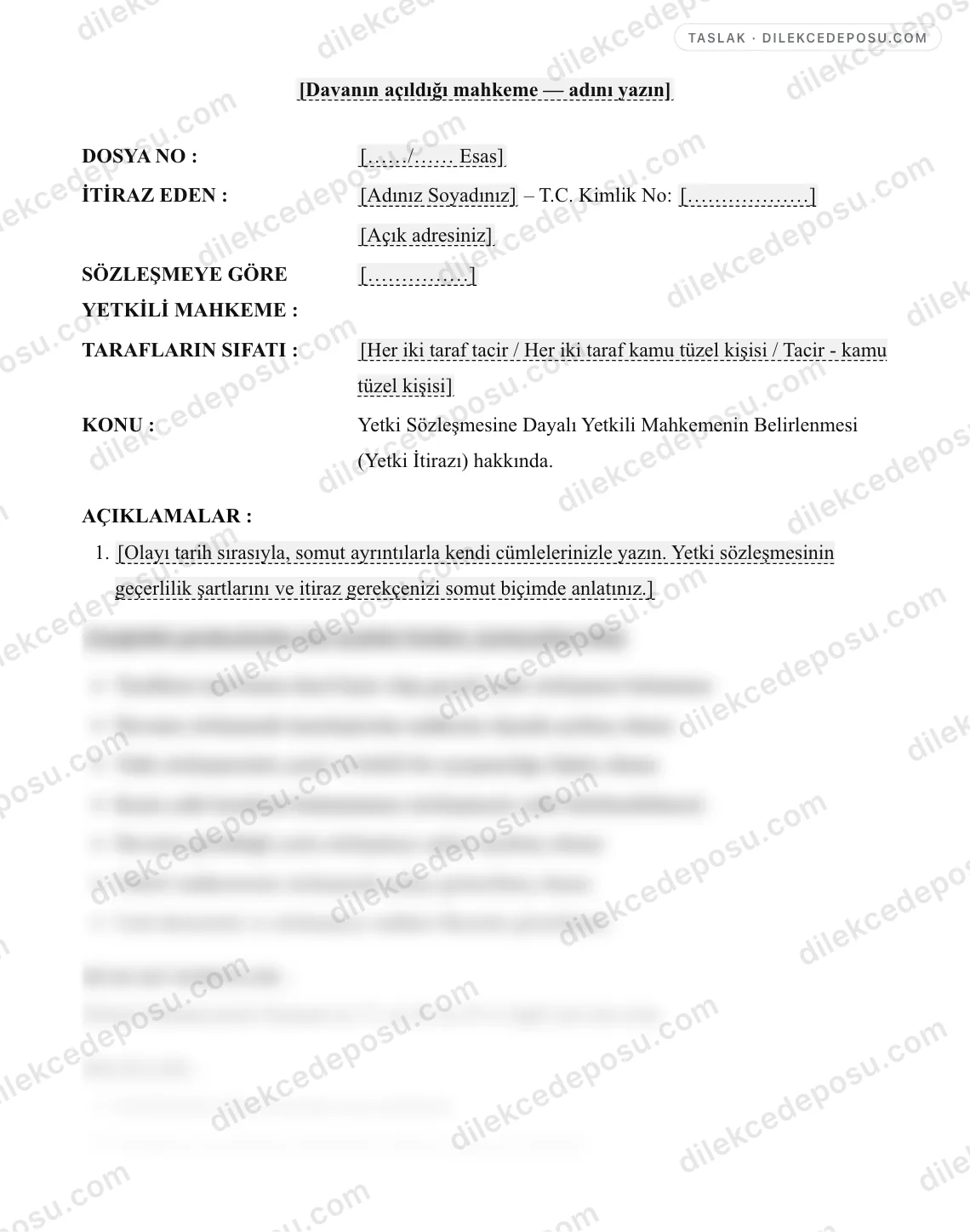 Yetki Sözleşmesine Dayalı Yetkili Mahkemenin Belirlenmesi (Yetki İtirazı) Dilekçesi Örneği – taslağın ilk bölümünün önizlemesi