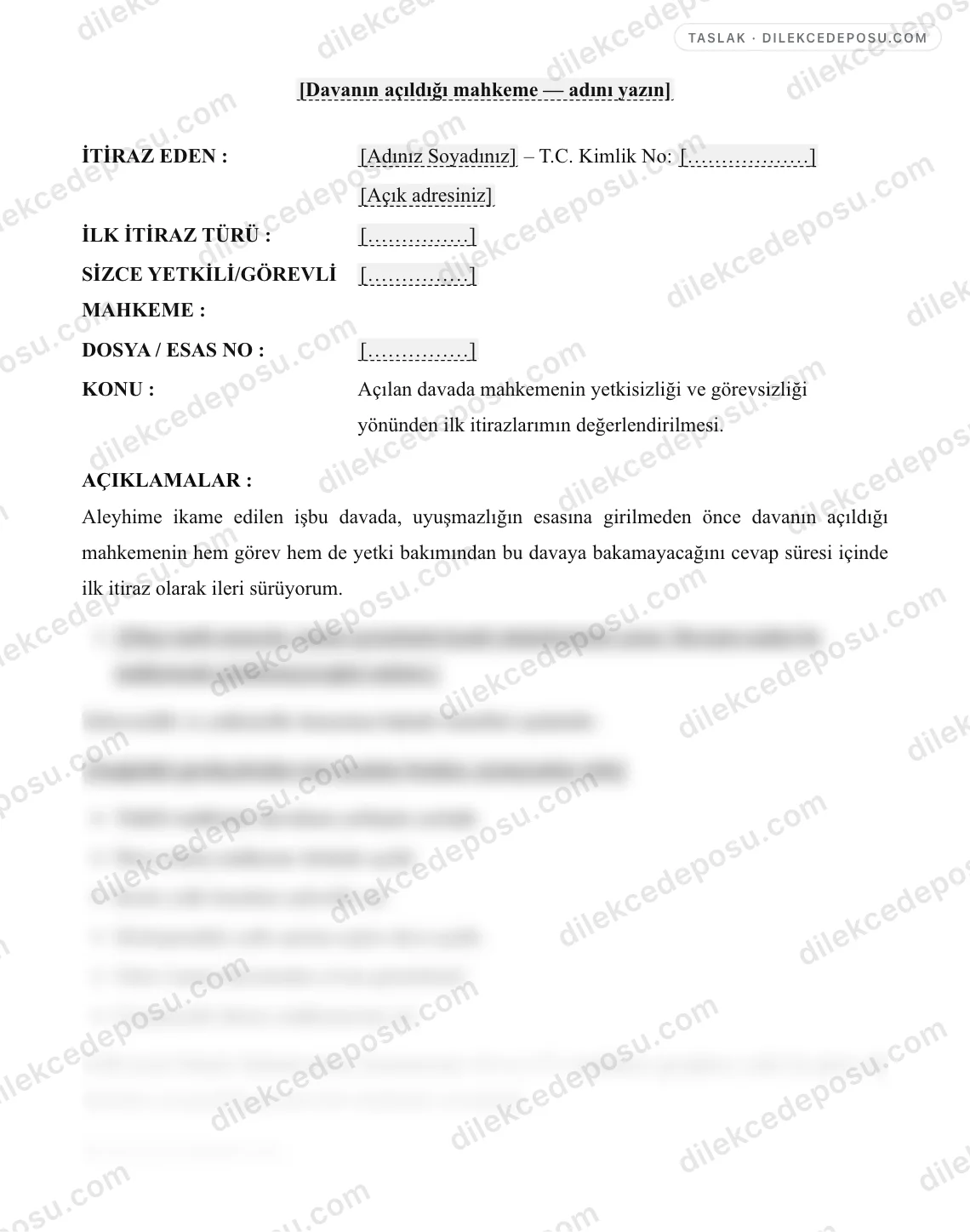 Yetkisizlik İlk İtirazı ve Görevsizlik İtirazı Dilekçesi Örneği – taslağın ilk bölümünün önizlemesi