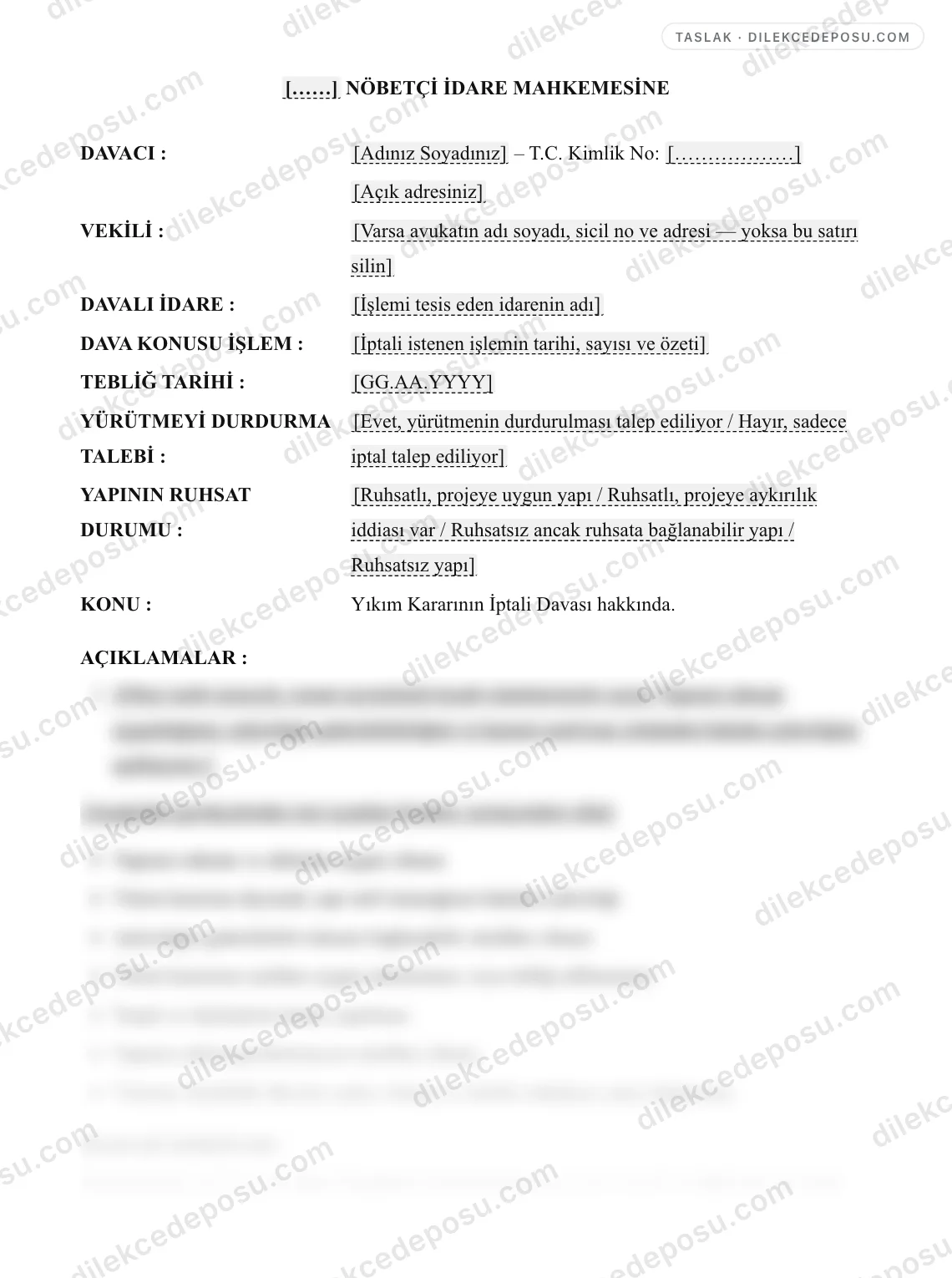 Yıkım Kararının İptali Davası Dilekçesi Örneği – taslağın ilk bölümünün önizlemesi