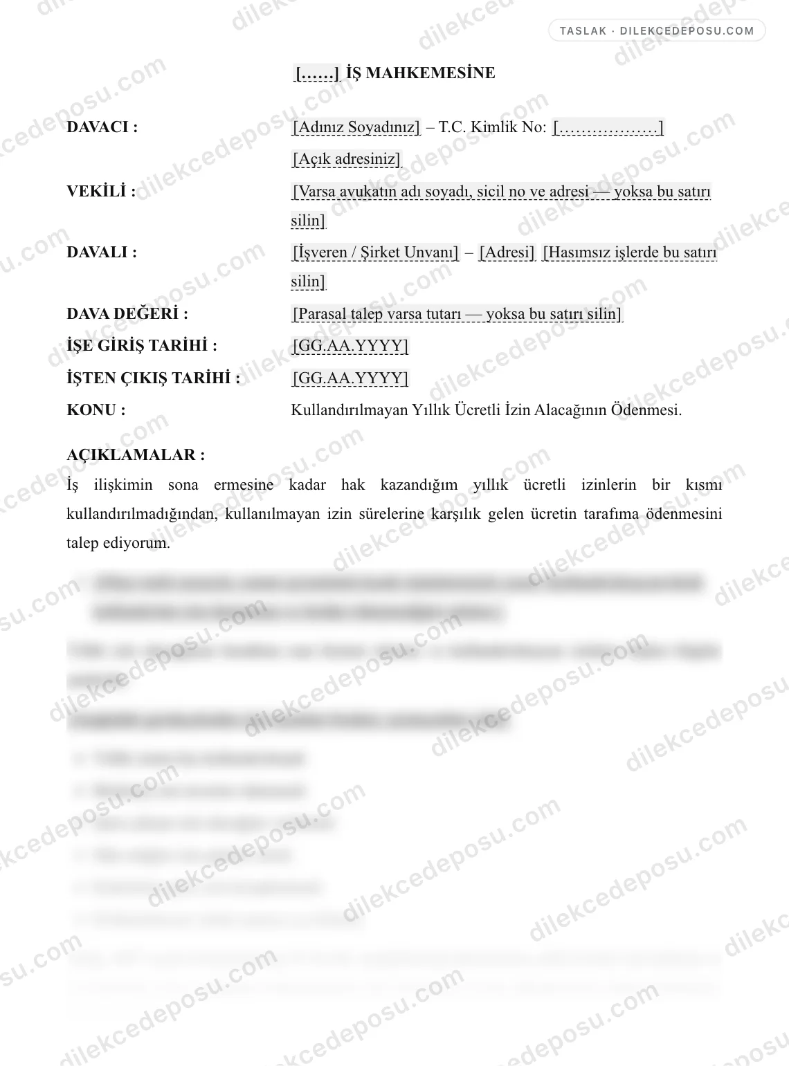 Yıllık İzin Alacağı Dilekçesi Örneği – taslağın ilk bölümünün önizlemesi