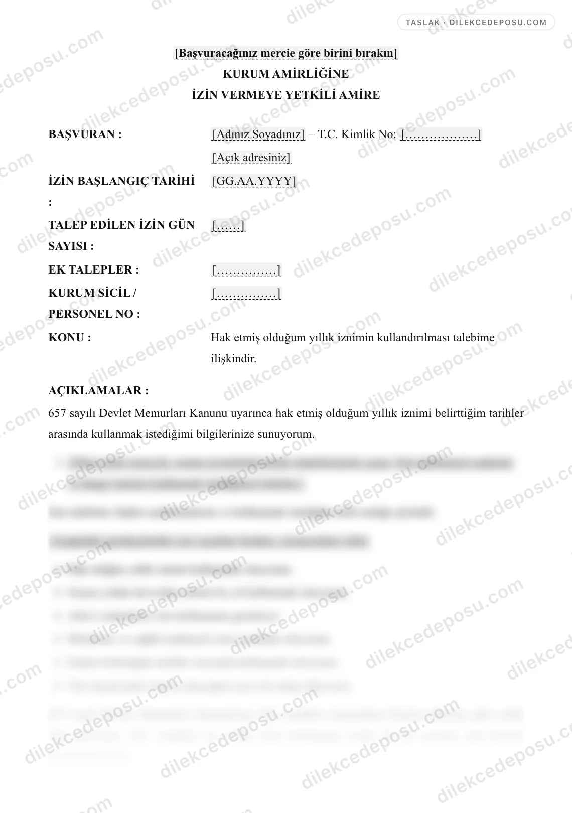 Yıllık İzin Talep Dilekçesi (Memur) Örneği – taslağın ilk bölümünün önizlemesi