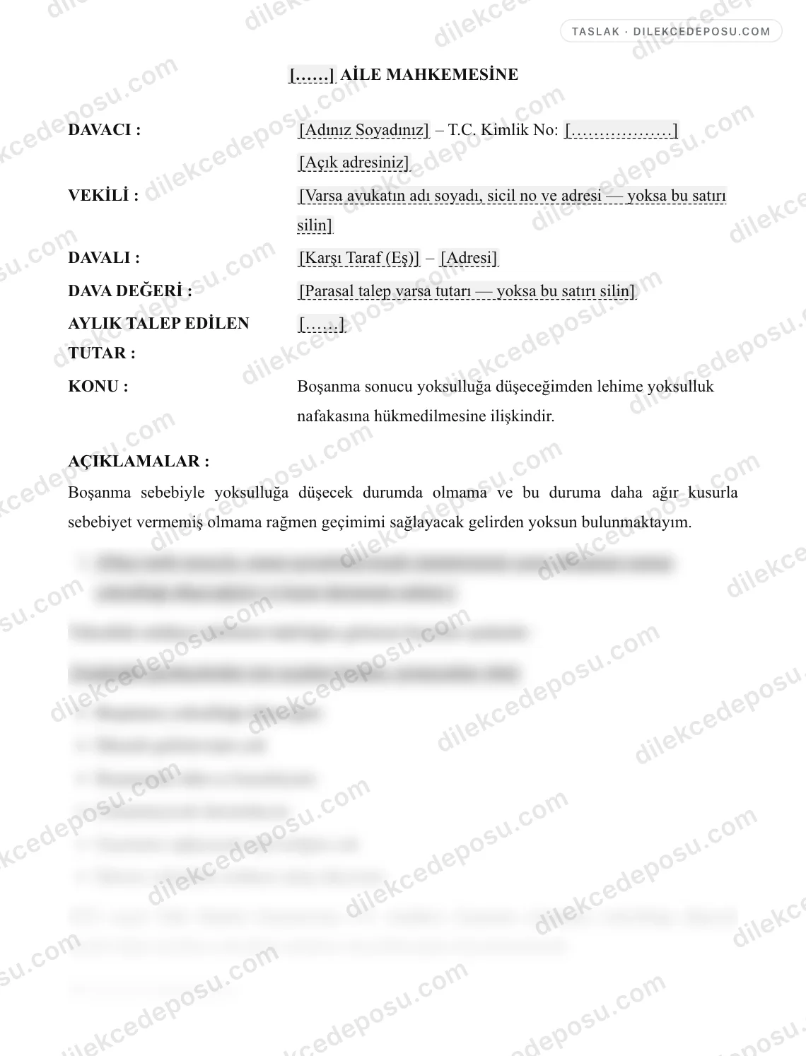Yoksulluk Nafakası Dilekçesi Örneği – taslağın ilk bölümünün önizlemesi