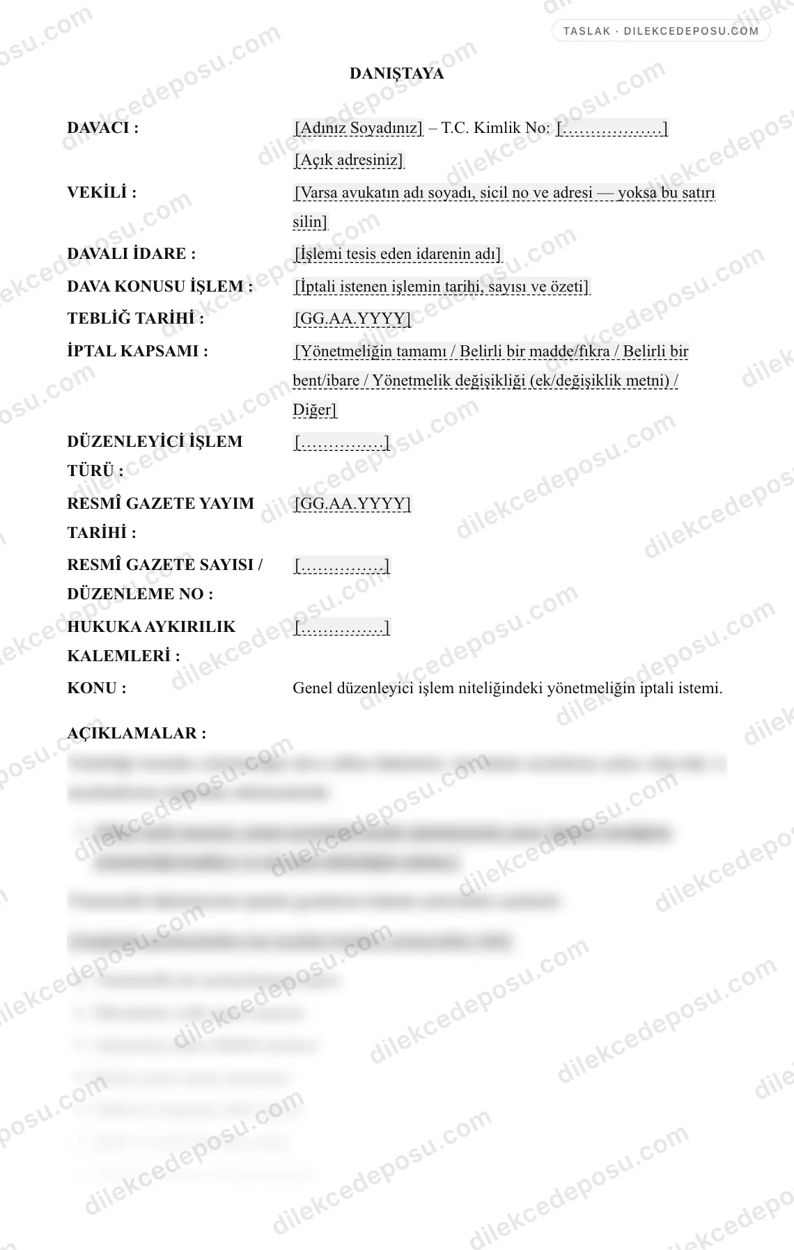 Yönetmelik İptali Davası Örneği – taslağın ilk bölümünün önizlemesi