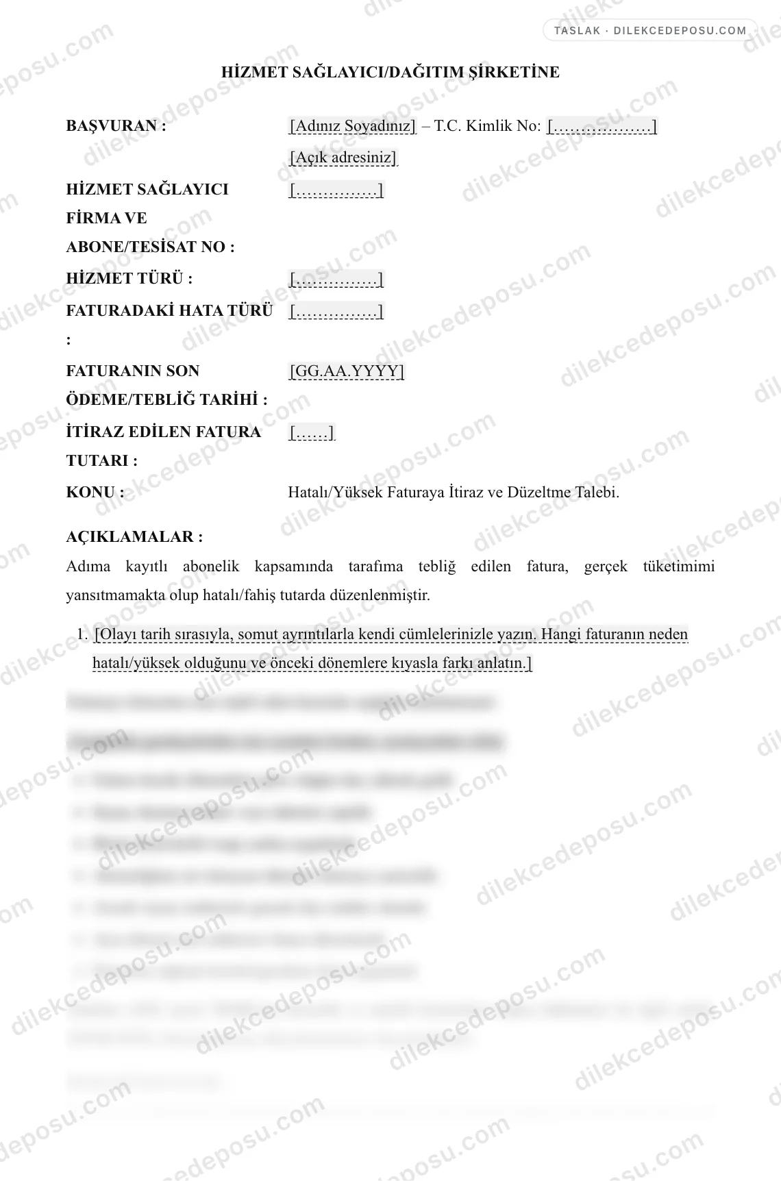 Yüksek/Hatalı Faturaya İtiraz Dilekçesi (Elektrik/Su/Doğalgaz/Telekom) Örneği – taslağın ilk bölümünün önizlemesi