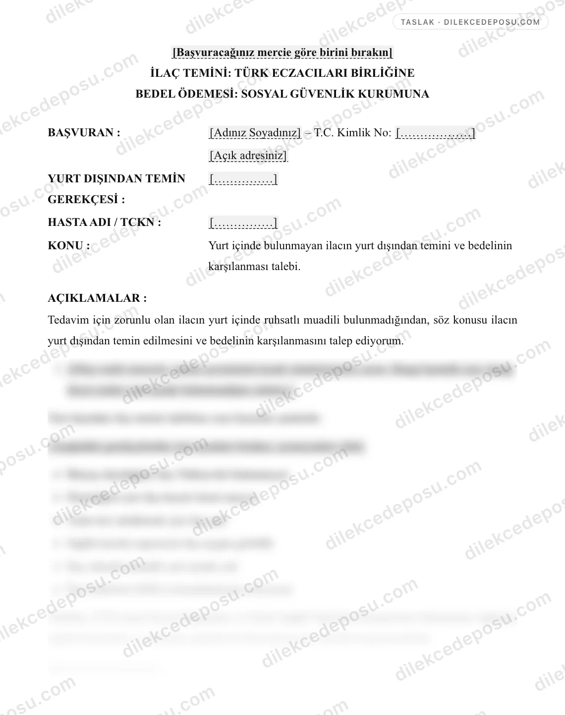 Yurt Dışından İlaç Temini Talebi Dilekçesi Örneği – taslağın ilk bölümünün önizlemesi