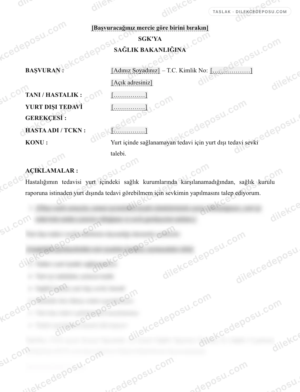 Yurtdışı Tedavi Talep Dilekçesi Örneği – taslağın ilk bölümünün önizlemesi