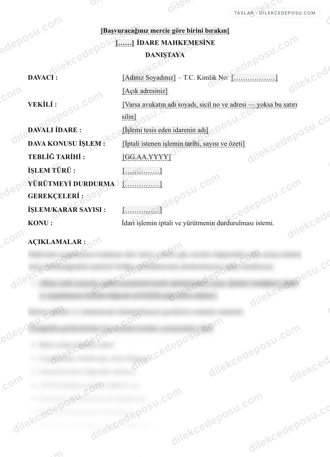 Yürütmeyi Durdurma Talepli İptal Davası Örneği – taslağın ilk bölümünün önizlemesi