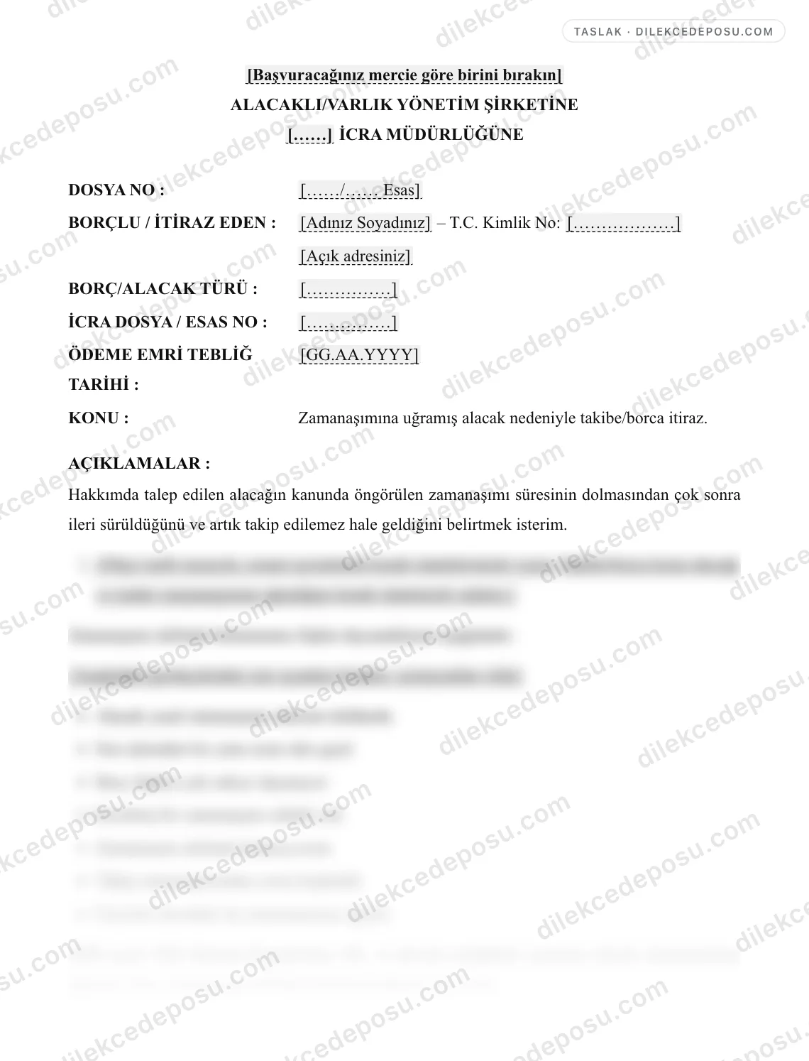 Zamanaşımına Uğramış Borca İtiraz Dilekçesi Örneği – taslağın ilk bölümünün önizlemesi