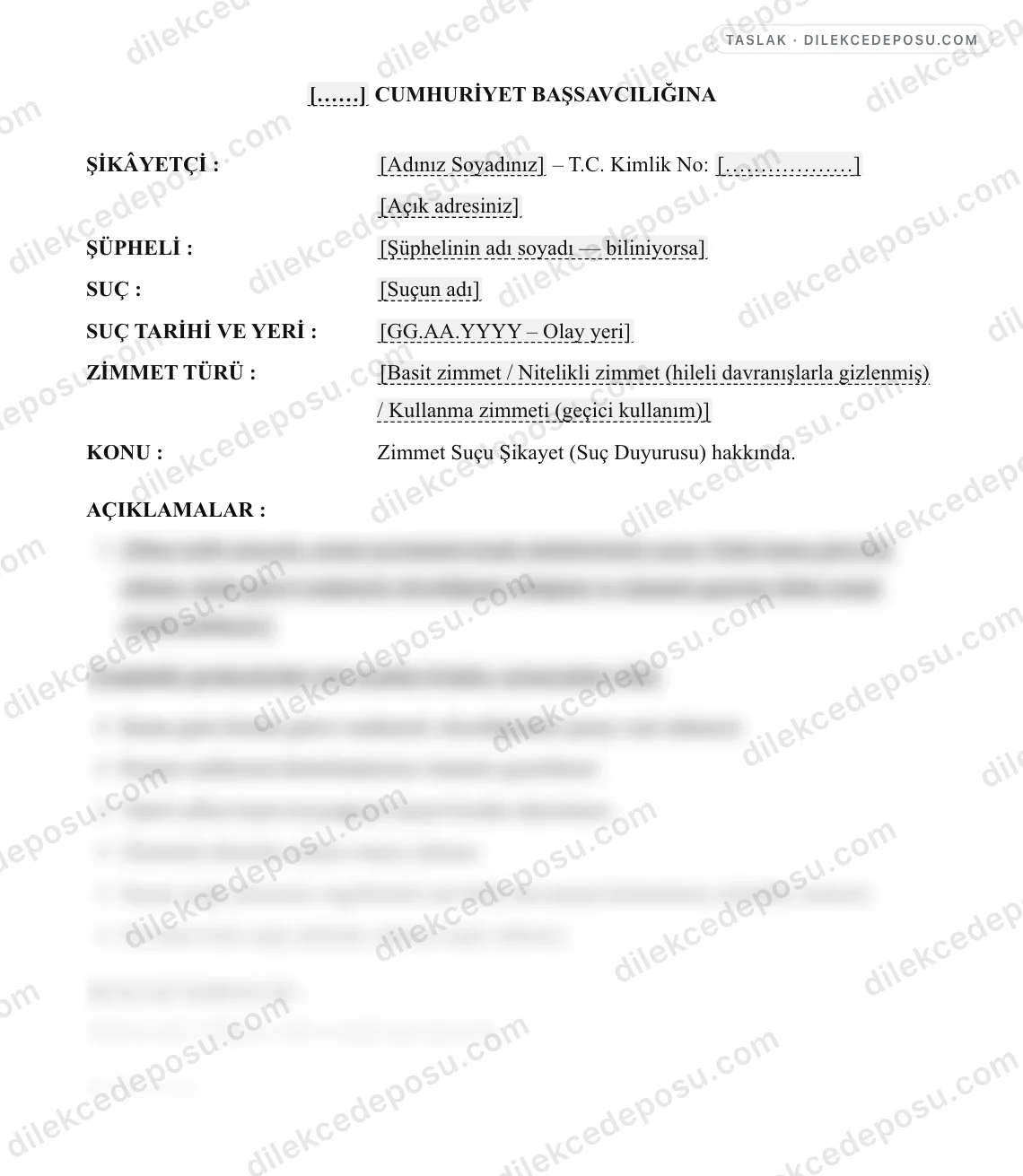 Zimmet Suçu Şikayet (Suç Duyurusu) Dilekçesi Örneği – taslağın ilk bölümünün önizlemesi