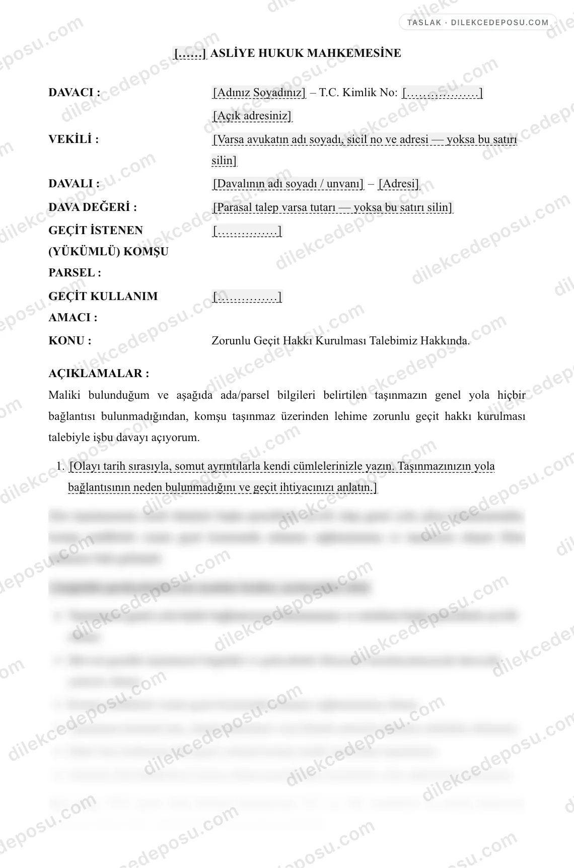 Zorunlu Geçit Hakkı Kurulması Davası Örneği – taslağın ilk bölümünün önizlemesi