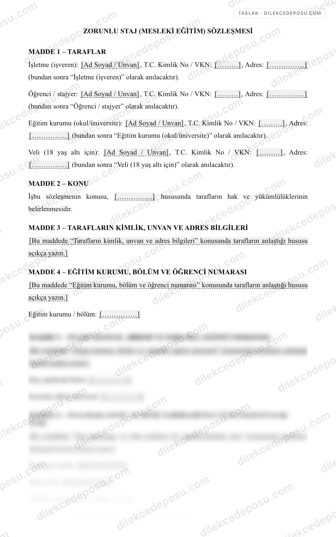 Zorunlu Staj (Mesleki Eğitim) Sözleşmesi Örneği – taslağın ilk bölümünün önizlemesi
